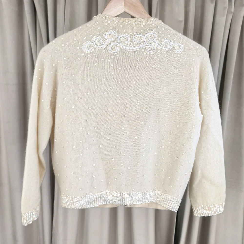 Vintage Wool and Rabbit Hair Cream Cardigan with Sequins Embellishments - Picture 6 of 8